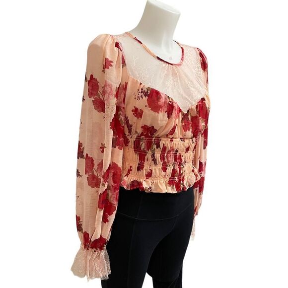 Free People  Daphne Blouse In Romantic Combo smocked longsleeve lace top‎ sz S - Picture 4 of 10